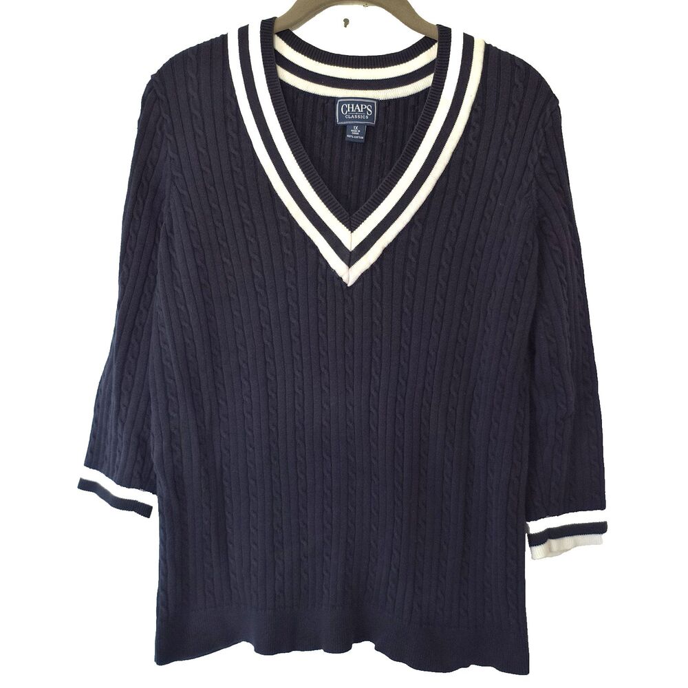 Chaps Tennis Sweater Womens 1X Navy White Trim Cable Knit Cotton Ralph Lauren